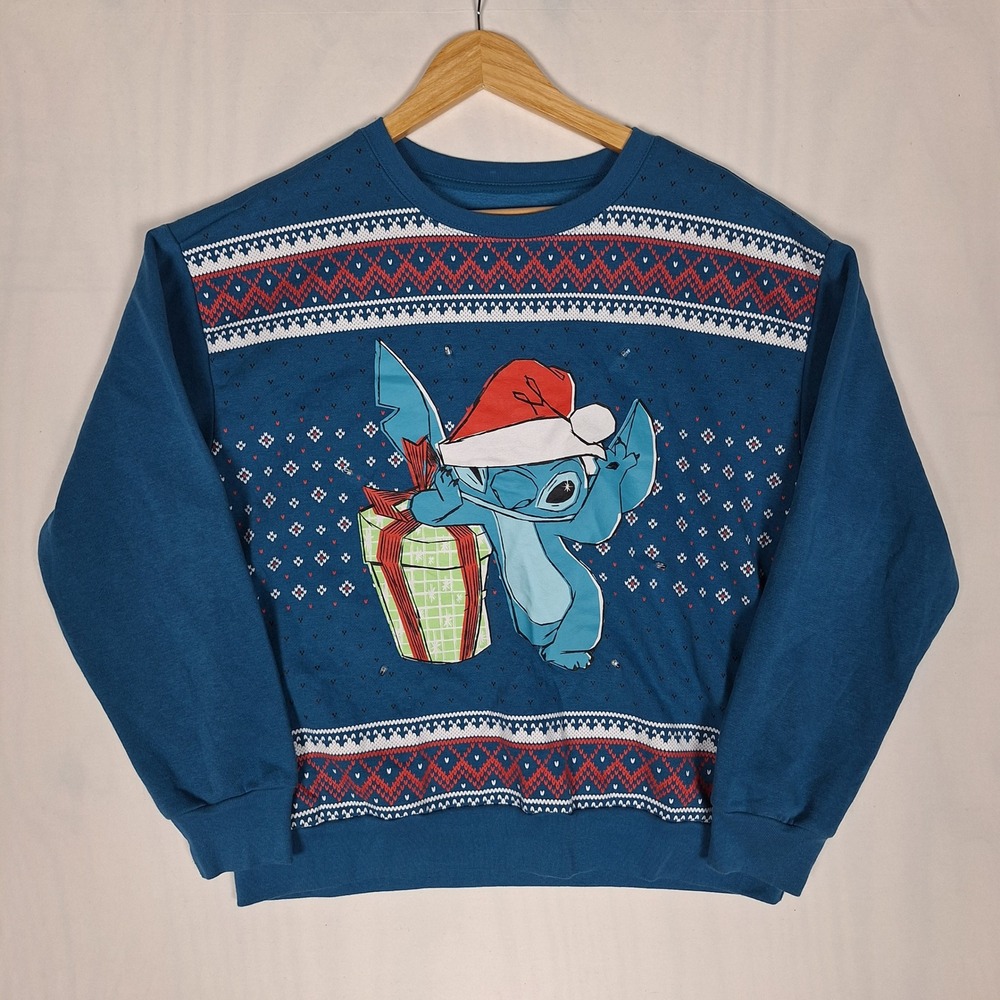 Disney Stitch Christmas Light Up Sweatshirt Holiday Fair Isle Blue Large 11-13